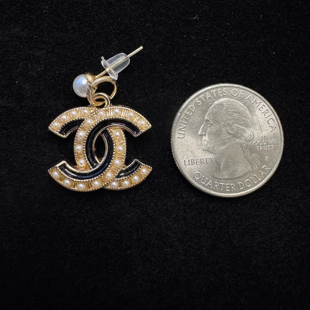 CHANEL Gold and White Pearl Interlocking C Drop Earrings